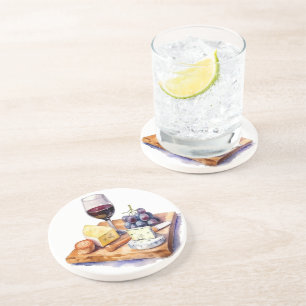 Winery Grapes Cheese Wine Glass Watercolor Coaster