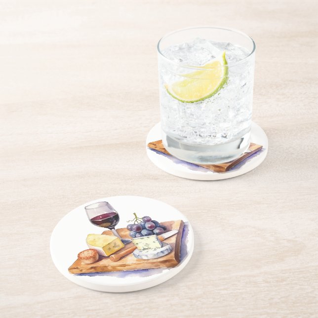  Winery Grapes Cheese Wine Glass Watercolor Coaster (Side)