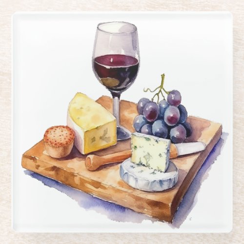 Winery Grapes Cheese Wine Glass Watercolor Glass Coaster