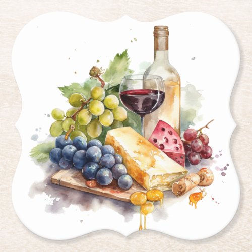  Winery Grapes Cheese Wine Glass Watercolor Paper Coaster