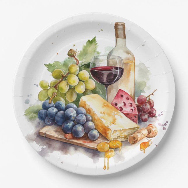  Winery Grapes Cheese Wine Glass Watercolor Paper Plates (Front)