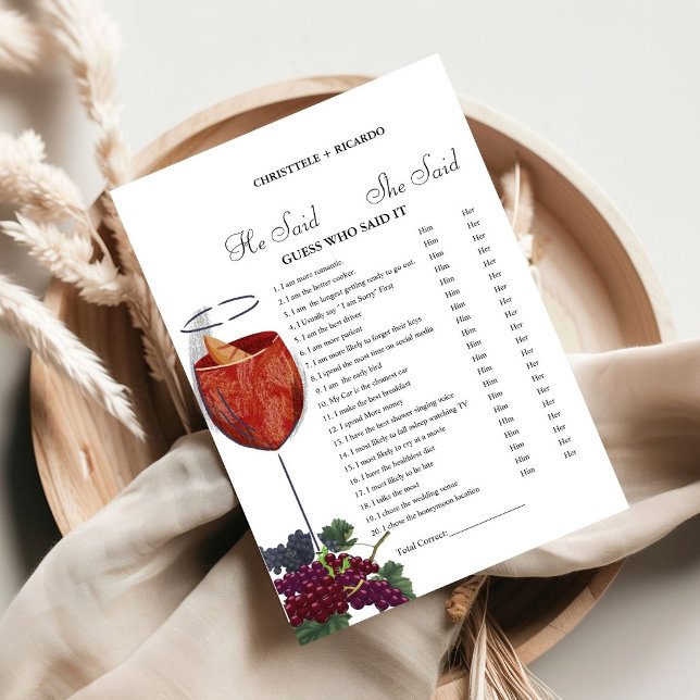 Winery  He said she said Bridal shower game card (Creator Uploaded)
