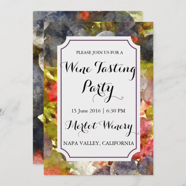 Winery or Vineyard Watercolor Wine Tasting Party Invitation (Front/Back)