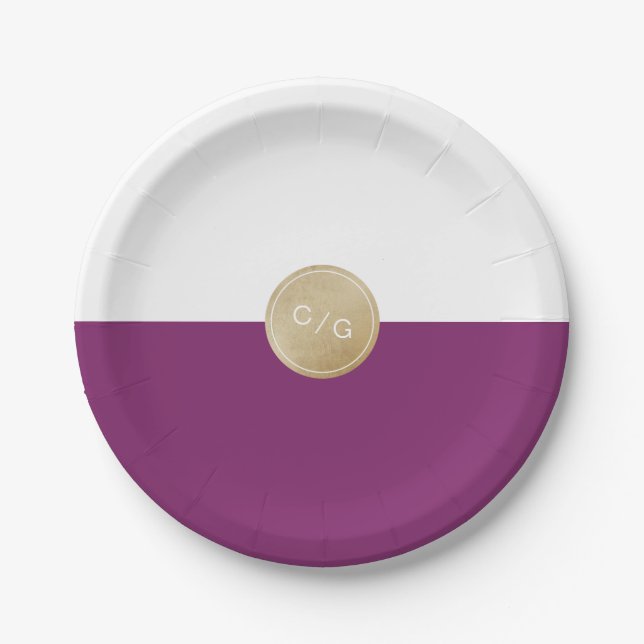 Winery purple minimalist modern wedding monogram paper plates (Front)