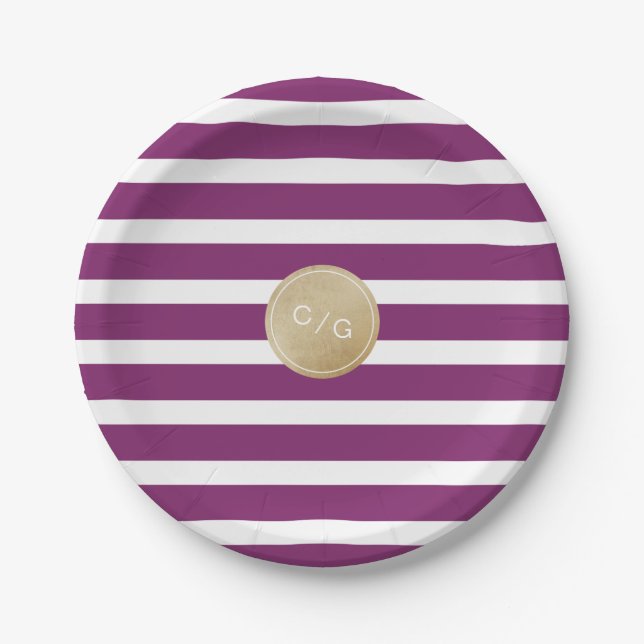 Winery stripes simple modern wedding monogram paper plates (Front)