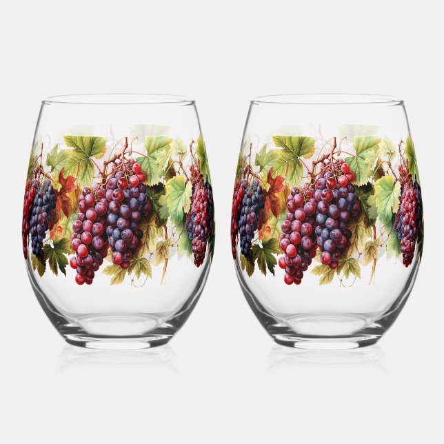 Winery Watercolor Grapes Grapevine Stemless Wine Glass (Front)