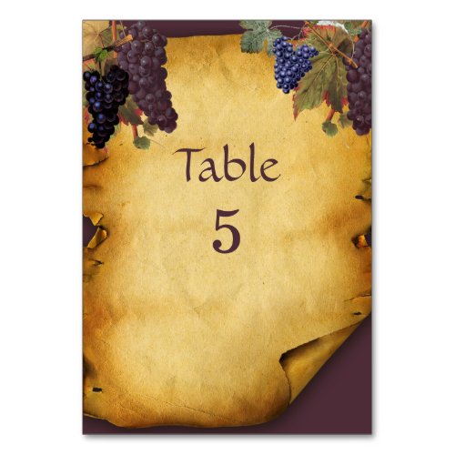 Winery Wedding Grape Vines Rustic Paper  Table Number