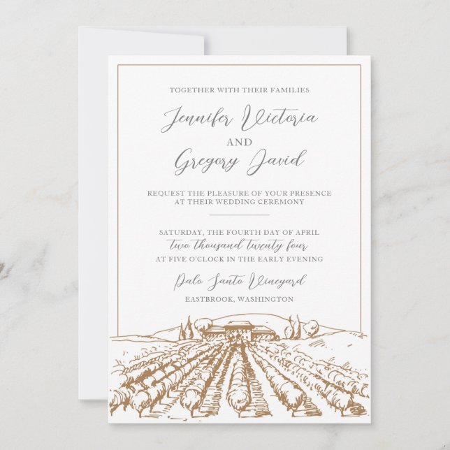 Winery Wedding Invitation with Vineyard Drawing (Front)