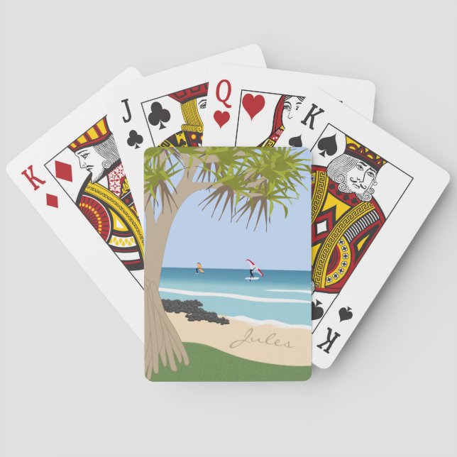 Wing Foil Surfers Pandanus Tree at Beach add Name Poker Cards (Back)