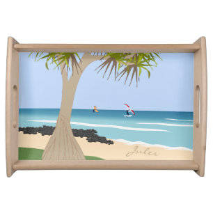 Wing Foil Surfers Pandanus Tree at Beach add Name Serving Tray