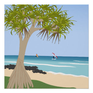 Wing Foil Surfers Pandanus Tree at the Beach Poster