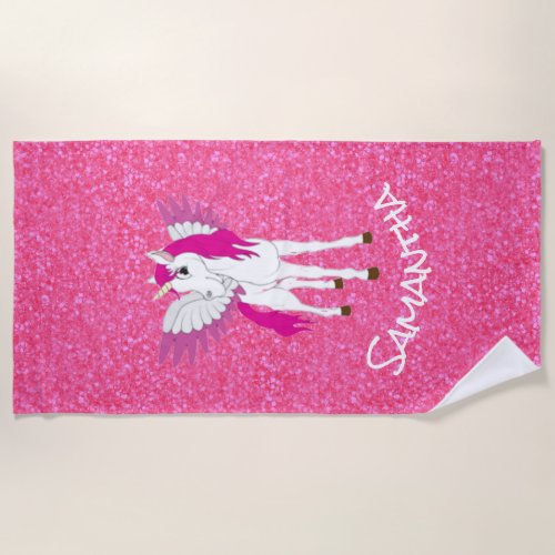 Wing Unicorn Party Rainbow  Pink Glitter  Beach Towel