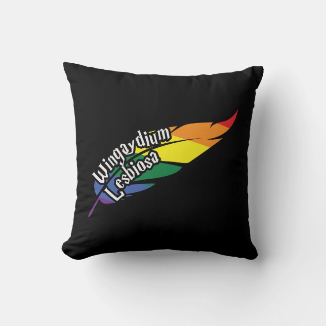 Wingaydium Lesbiosa – Funny LGBTQ+ Magic Pun Throw Pillow (Front)
