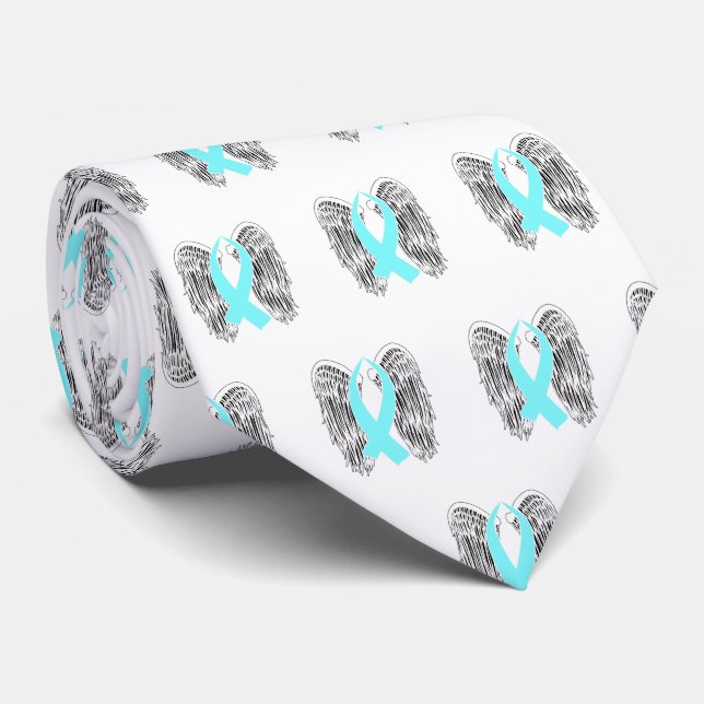 Winged Awareness Ribbon (Light Blue) Neck Tie (Rolled)