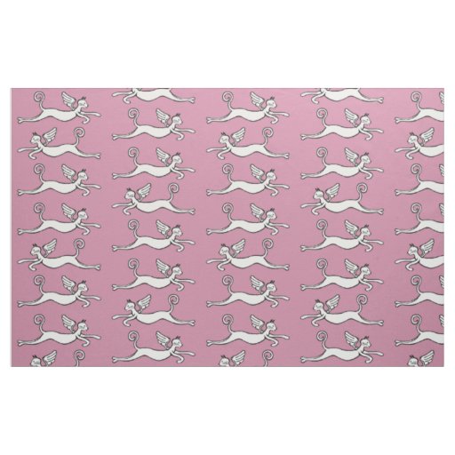 Winged cats on pink background fabric