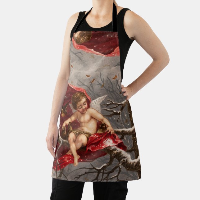 WINGED CHERUB ON WINTER TREE WITH BIRDS Christmas Apron (Insitu)