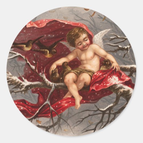 WINGED CHERUB ON WINTER TREE WITH BIRDS Christmas Classic Round Sticker