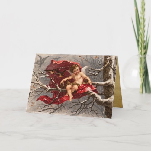 WINGED CHERUB ON WINTER TREE WITH BIRDS Christmas  Holiday Card
