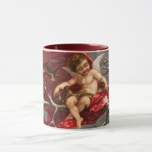 WINGED CHERUB ON WINTER TREE WITH BIRDS Christmas Mug