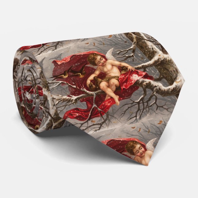WINGED CHERUB ON WINTER TREE WITH BIRDS Christmas Neck Tie (Rolled)
