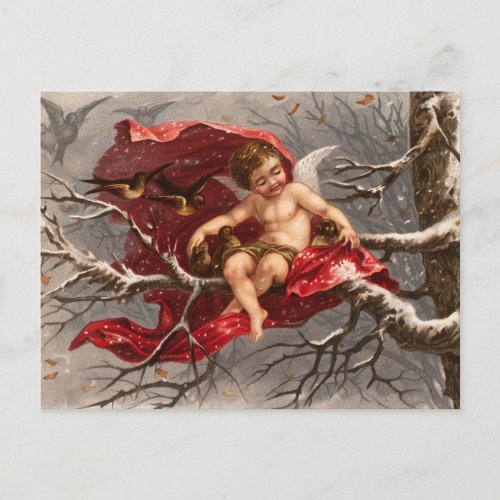 WINGED CHERUB ON WINTER TREE WITH BIRDS Christmas Postcard