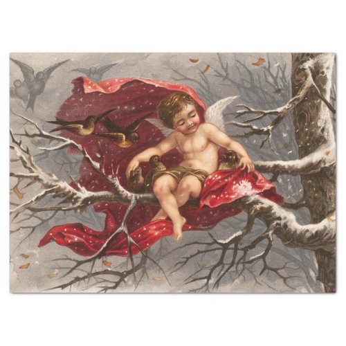 WINGED CHERUB ON WINTER TREE WITH BIRDS Christmas Tissue Paper