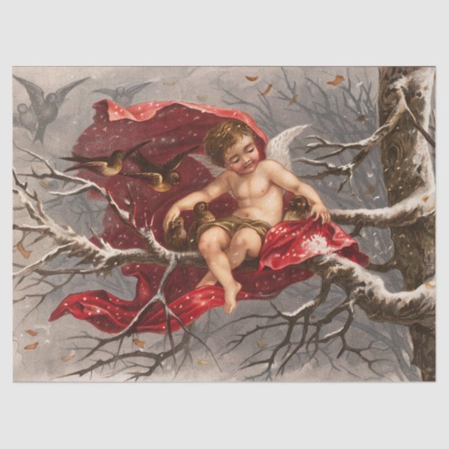 WINGED CHERUB ON WINTER TREE WITH BIRDS Christmas Tissue Paper (Front)