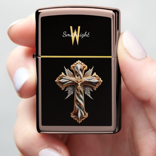 Winged Cross of Diamonds Zippo Lighter (In Hand)