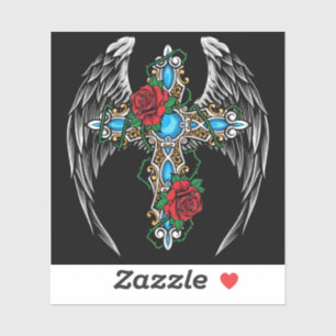 Winged Cross with Red Roses Sticker