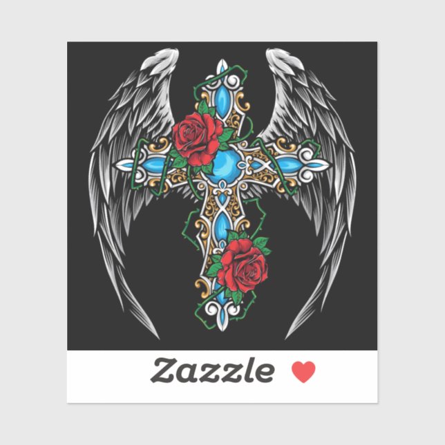 Winged Cross with Red Roses Sticker (Sheet)