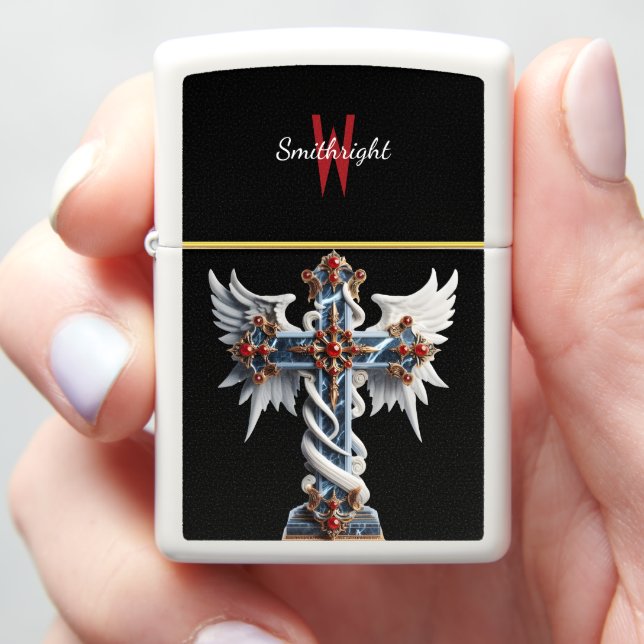 Winged Cross With Red Stones Zippo Lighter (In Hand)