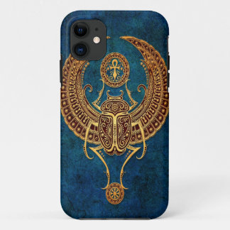Winged Egyptian Scarab Beetle with Ankh - blue iPhone 11 Case