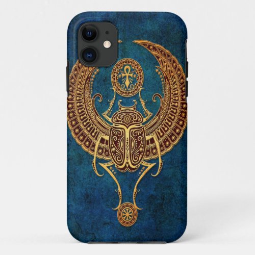 Winged Egyptian Scarab Beetle with Ankh _ blue iPhone 11 Case