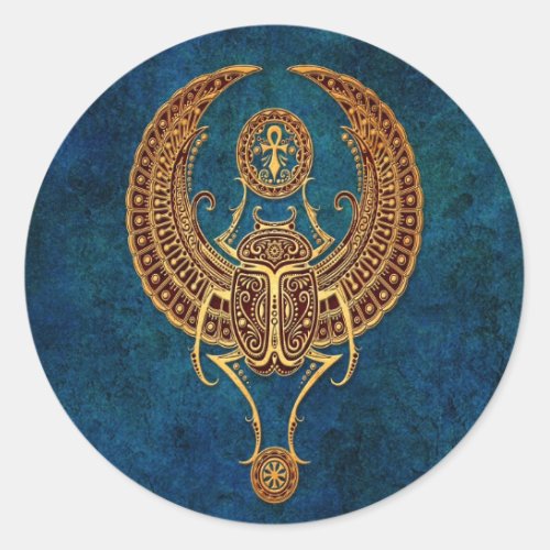 Winged Egyptian Scarab Beetle with Ankh _ blue Classic Round Sticker