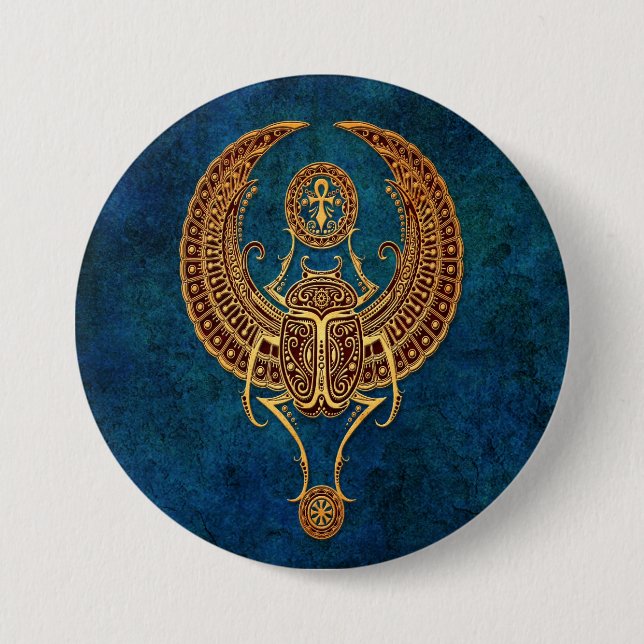 Winged Egyptian Scarab Beetle with Ankh - blue Pinback Button (Front)