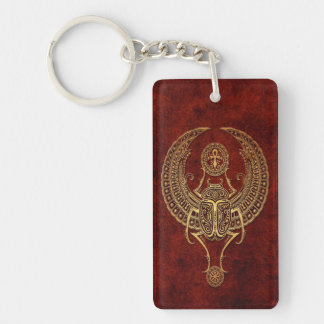 Winged Egyptian Scarab Beetle with Ankh - brown Keychain