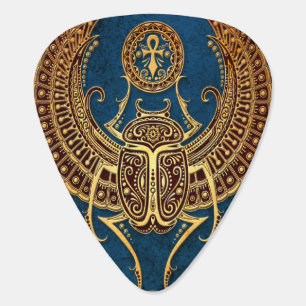 Winged Egyptian Scarab Beetle with Ankh on Blue Guitar Pick