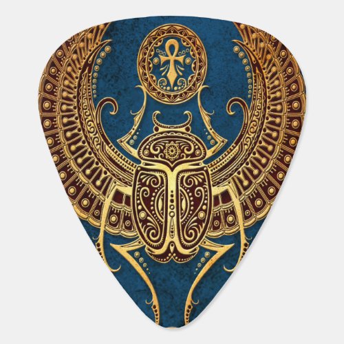 Winged Egyptian Scarab Beetle with Ankh on Blue Guitar Pick