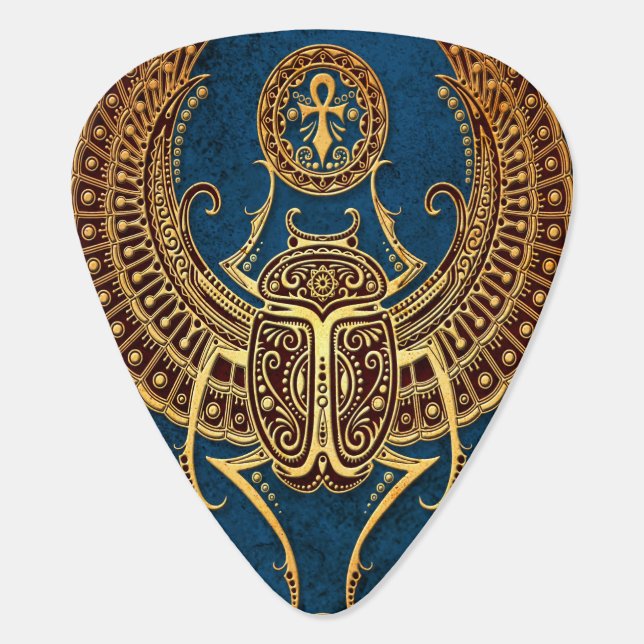 Winged Egyptian Scarab Beetle with Ankh on Blue Guitar Pick (Back)