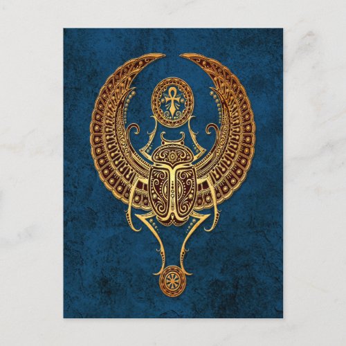 Winged Egyptian Scarab Beetle with Ankh on Blue Postcard