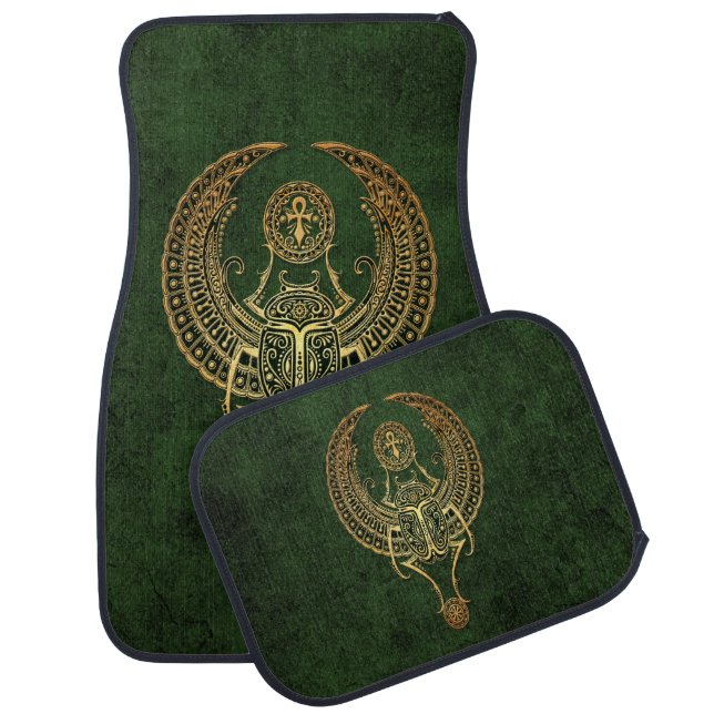 Winged Egyptian Scarab Beetle with Ankh on Green Car Mat (Set)
