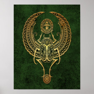 Winged Egyptian Scarab Beetle with Ankh on Green Poster
