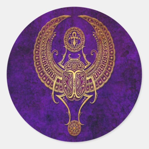 Winged Egyptian Scarab Beetle with Ankh _ purple Classic Round Sticker