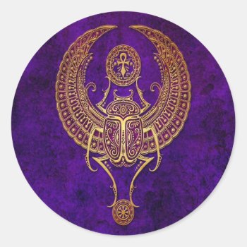 Winged Egyptian Scarab Beetle With Ankh - Purple Classic Round Sticker by JeffBartels at Zazzle