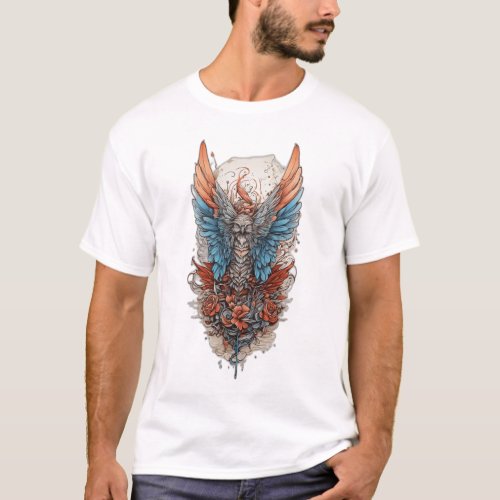 Winged Elegance Futuristic Fine Line Tattoo Art T T_Shirt