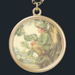 Winged Elm Fairy Sitting in a Tree Gold Plated Necklace<br><div class="desc">It must be difficult being an elm fairy. This winged storybook creature is sitting in a tree,  taking a few minutes to enjoy the day. Order this fantastical print today!</div>