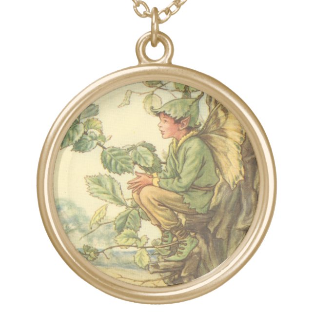 Winged Elm Fairy Sitting in a Tree Gold Plated Necklace (Front)