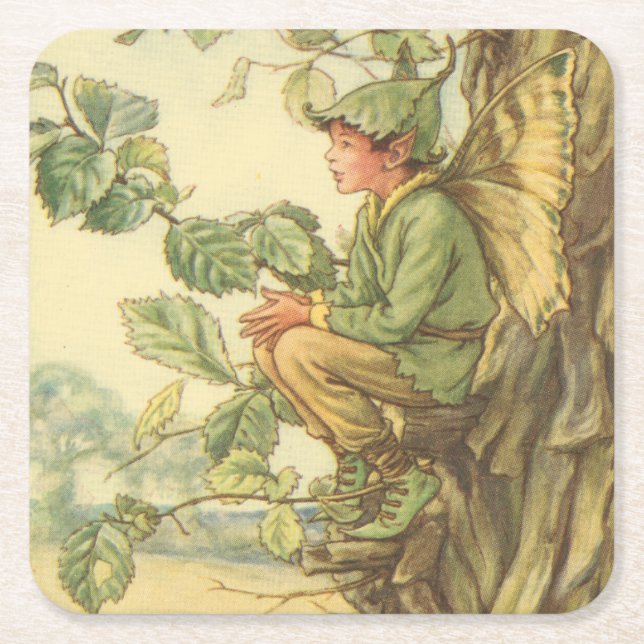 Winged Elm Fairy Sitting in a Tree Square Paper Coaster (Front)