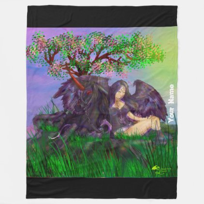 Winged Girl with Black Unicorn Angel Cherry Tree Fleece Blanket