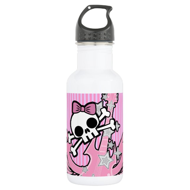 Winged Guitar with Cute Skull Stainless Steel Water Bottle (Front)